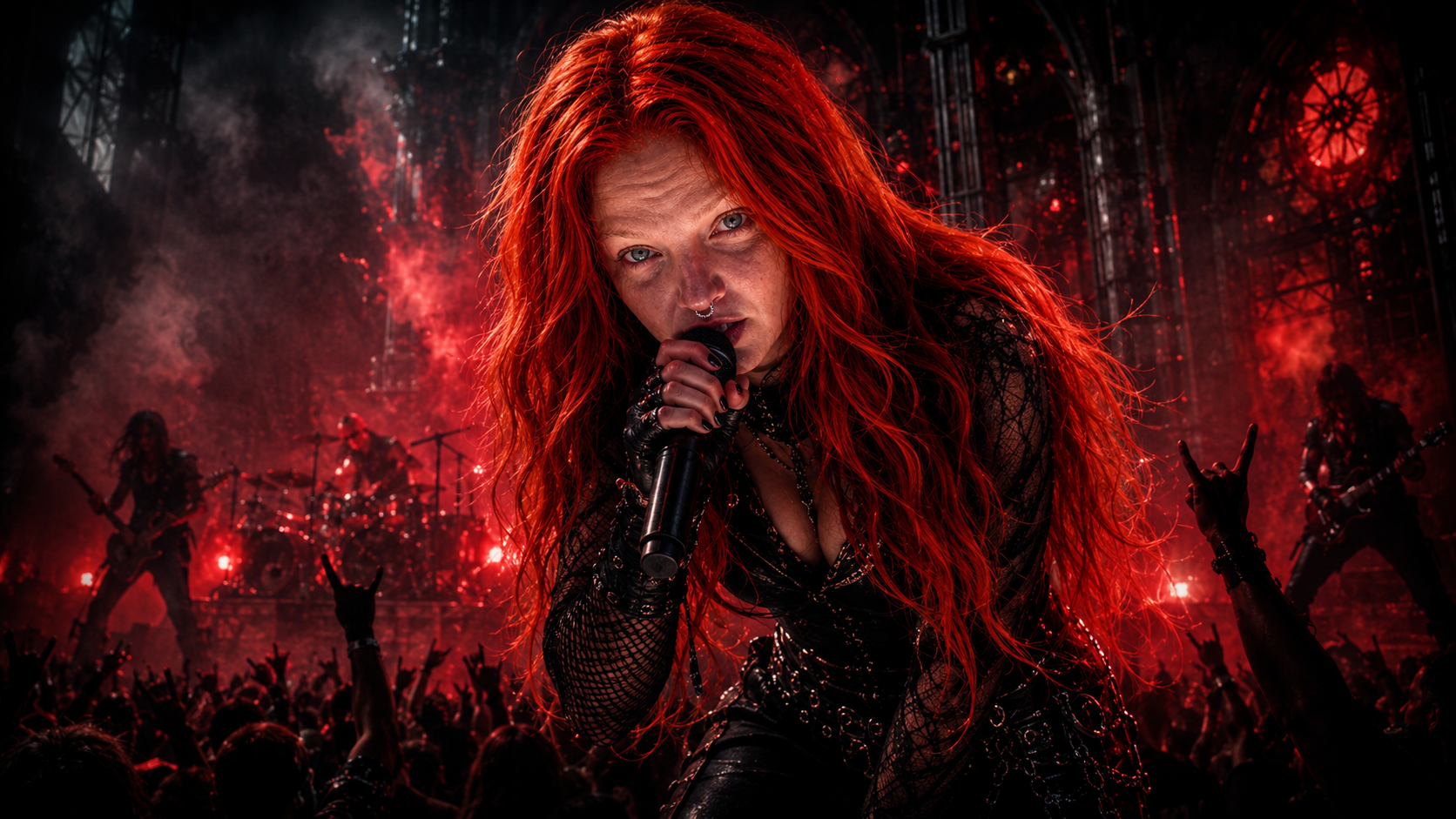 MetalFlirts.de Sängerin auf der Bühne – feuerrotes Haar, rote Lichter, Metal-Festival-Energie
