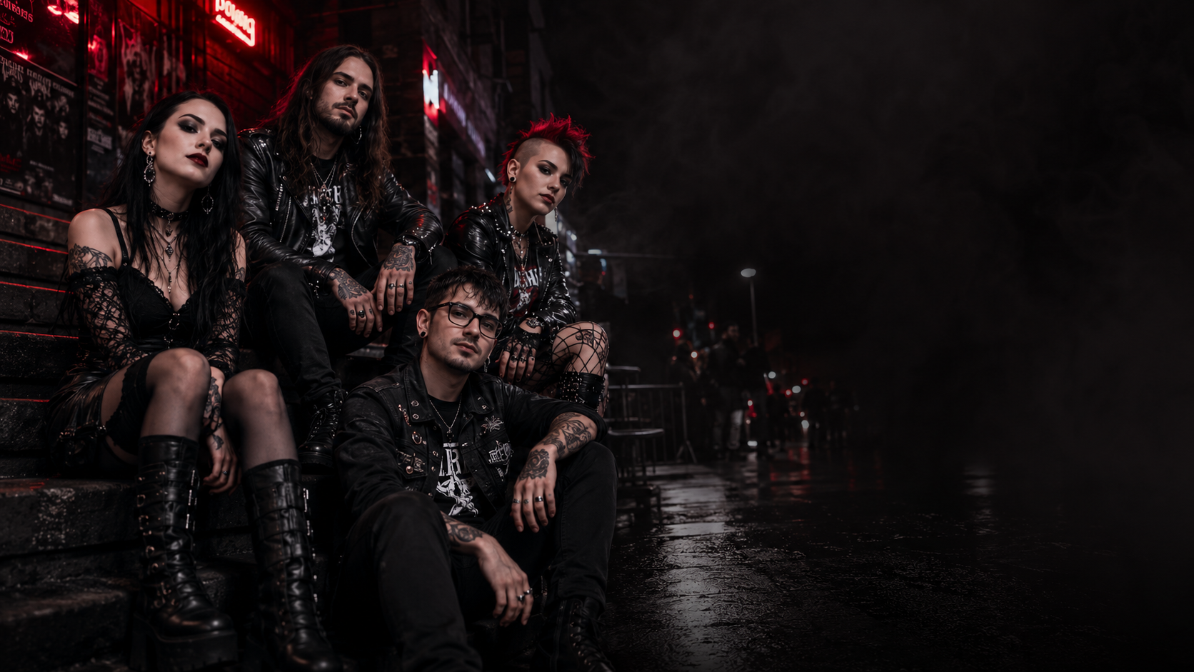 Gothic, Metal und Punk Menschen in dunkler Stadtszene